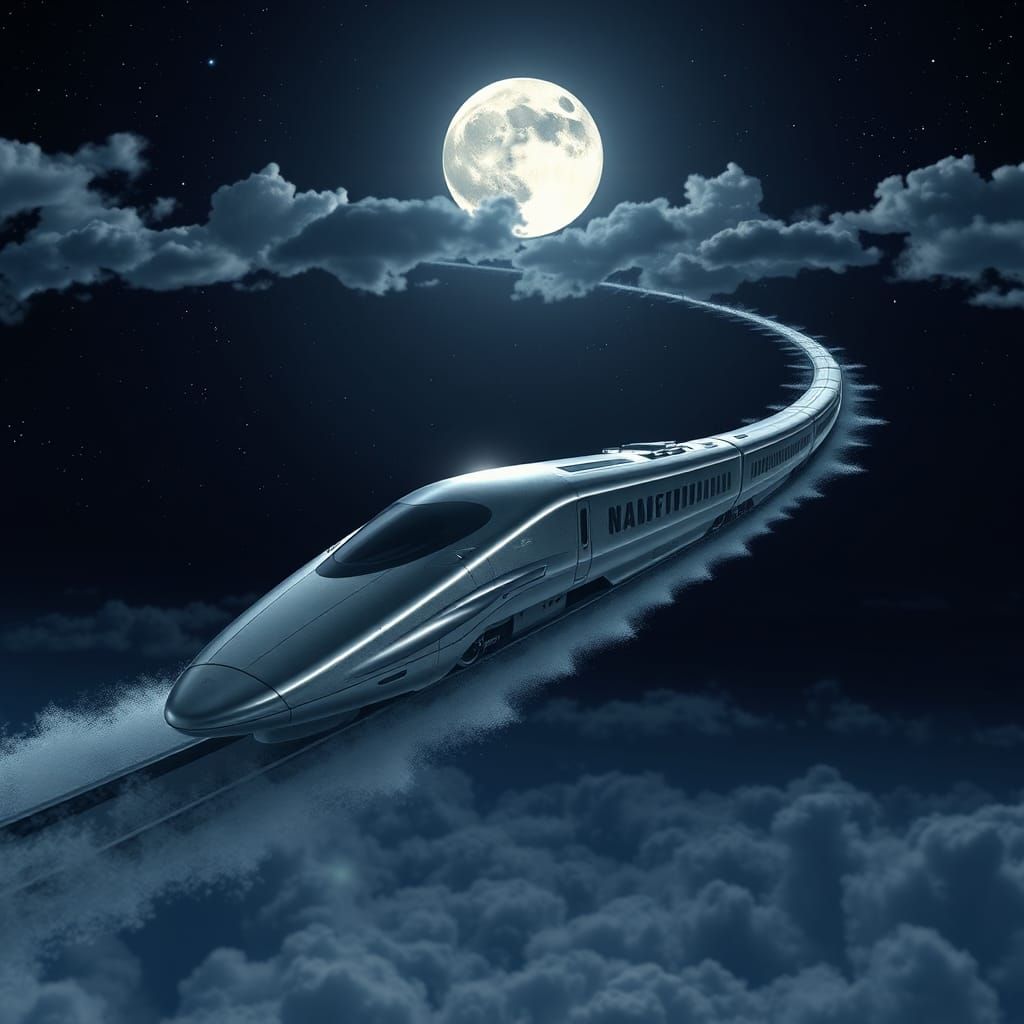 Futuristic Train Glides Through Moonlit Sky