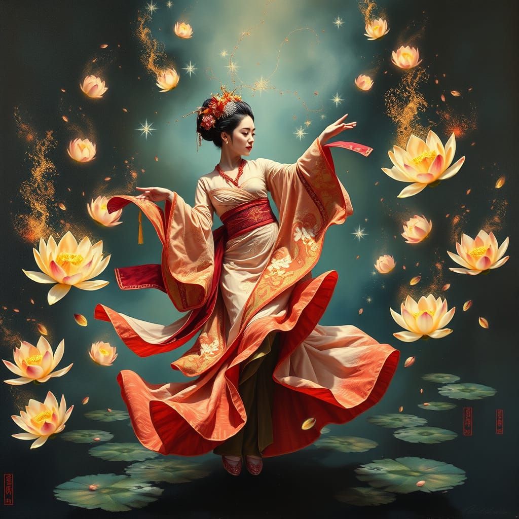 Geisha Dancing with Lotus Flowers, Surreal Art