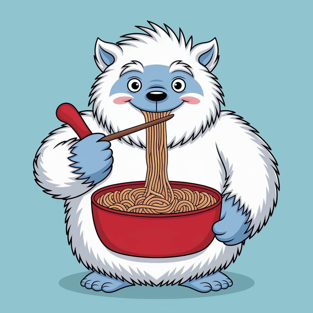 Humorous Yeti Enjoys Spaghetti Dinner