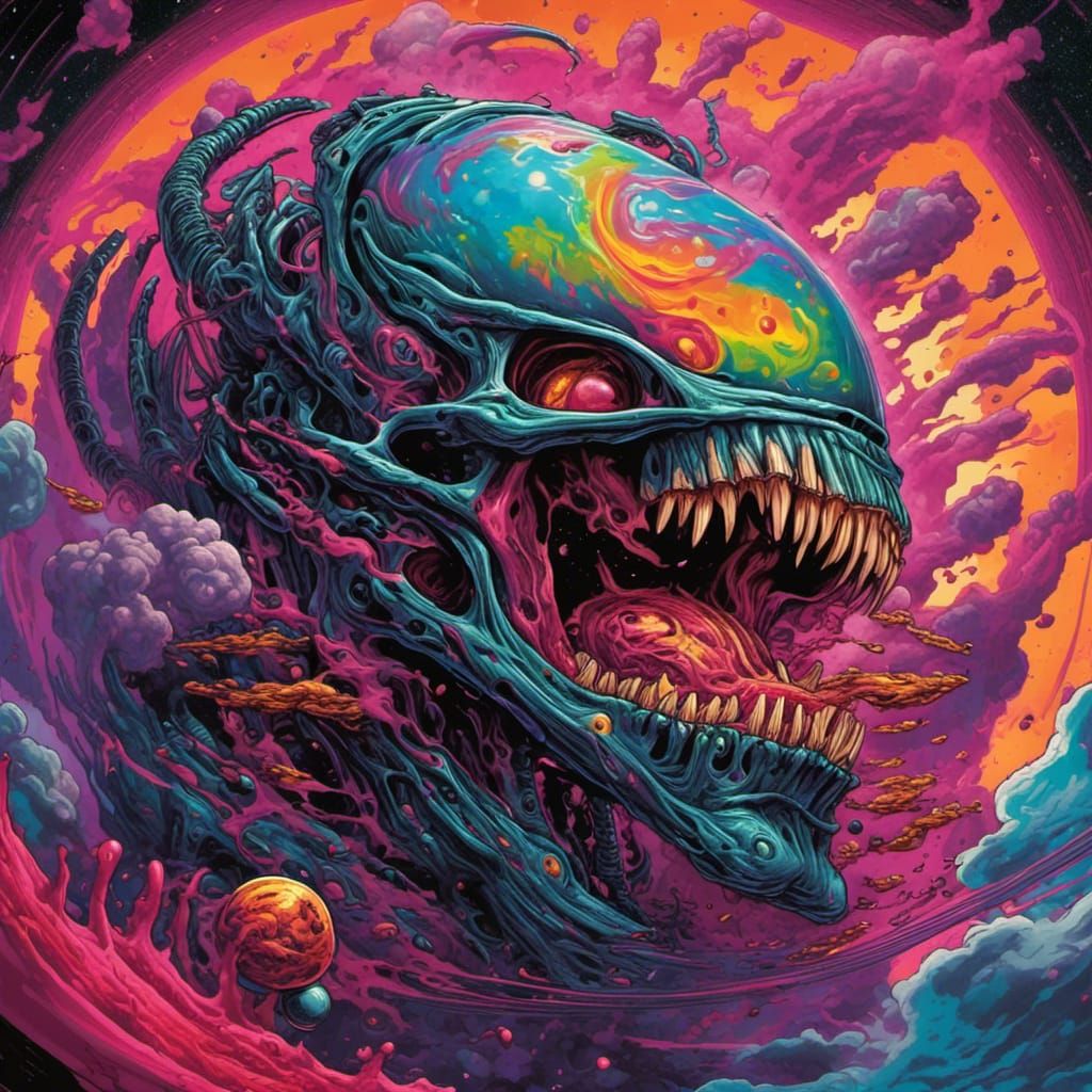 Cosmic Horror Planet Devouring Another in Graffiti Art