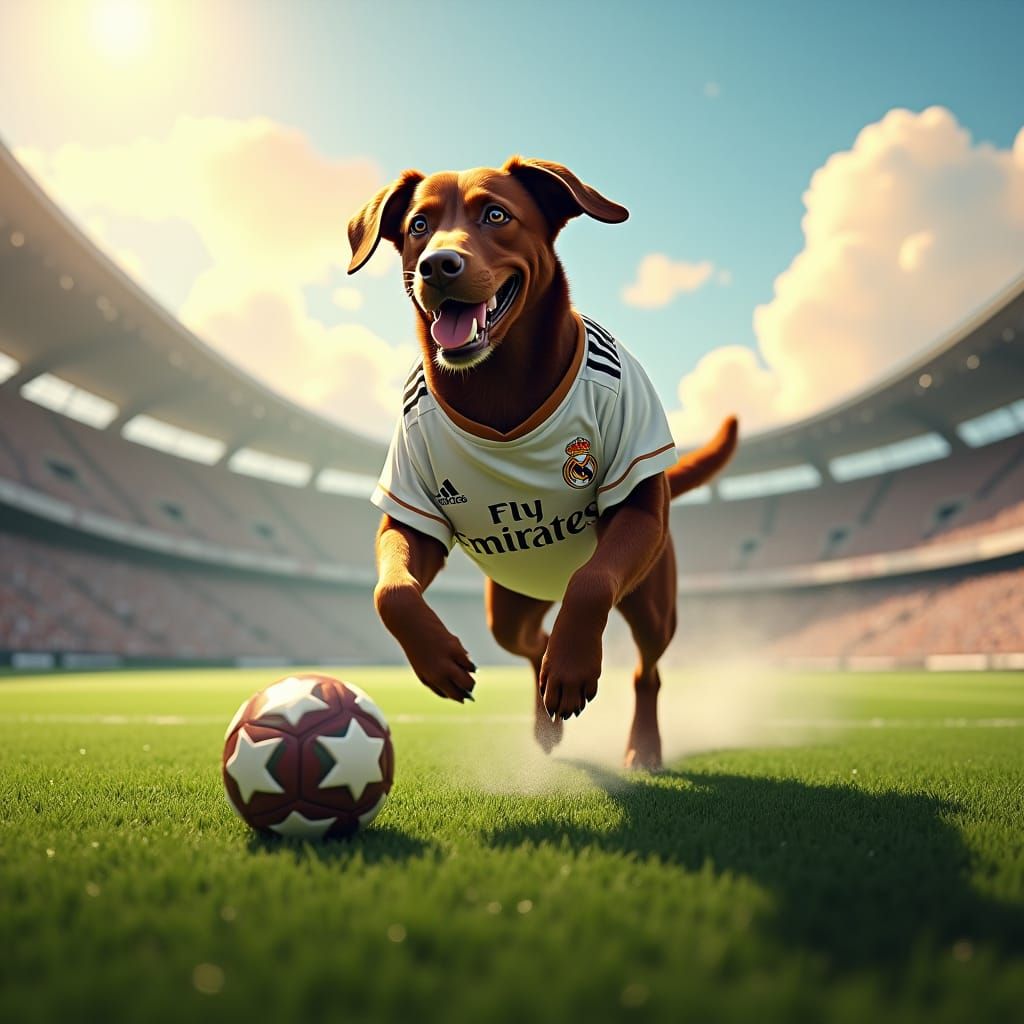 Labrador in Real Madrid Jersey Runs on Football Field