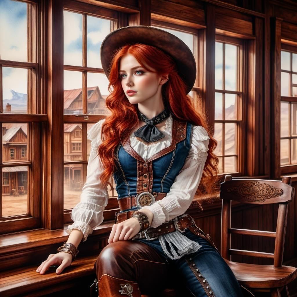 Ruby-Haired Girl in Steampunk Saloon: Cinematic Portrait
