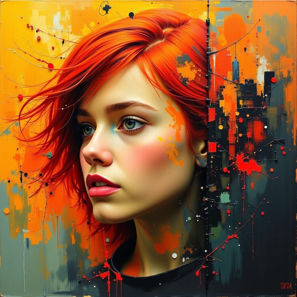 Abstract Portrait of Woman with Red Hair and Cityscape