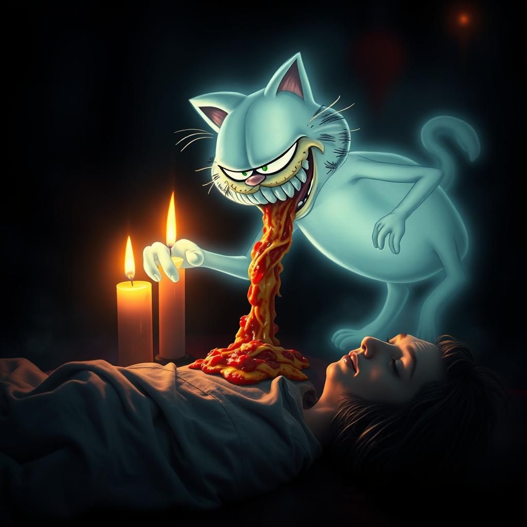 Ghostly Garfield Devouring Lasagna in Dark Surrealism