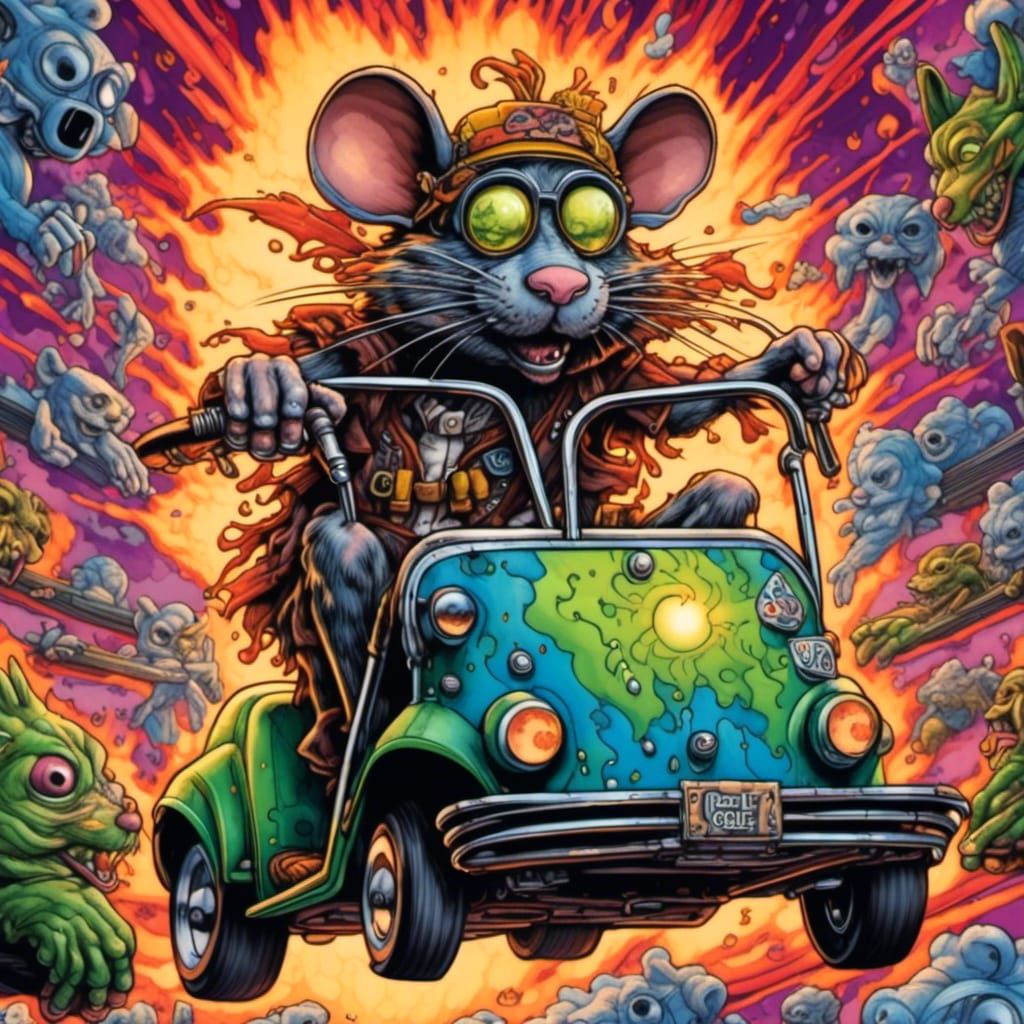 <lora:Construction:1.0> The cartoon Rat Fink by "Big Daddy" Roth. riding on his high powered golf cart