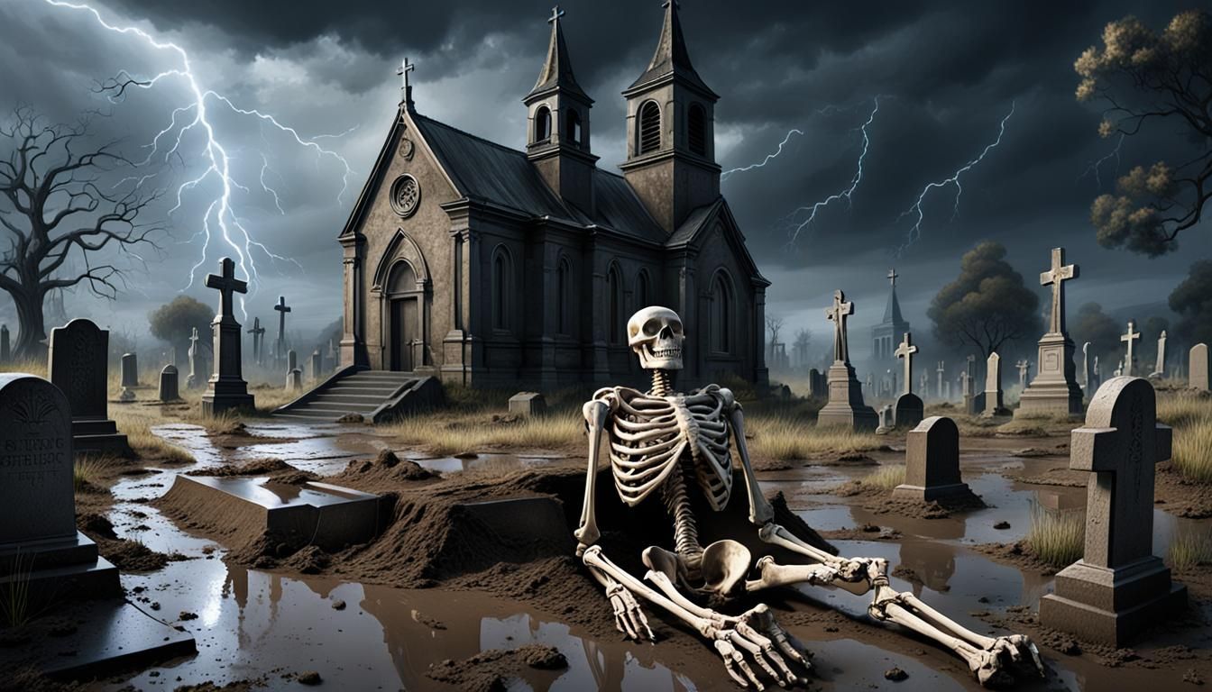 Hyperrealistic Skeleton Emerges in Stormy Cemetery
