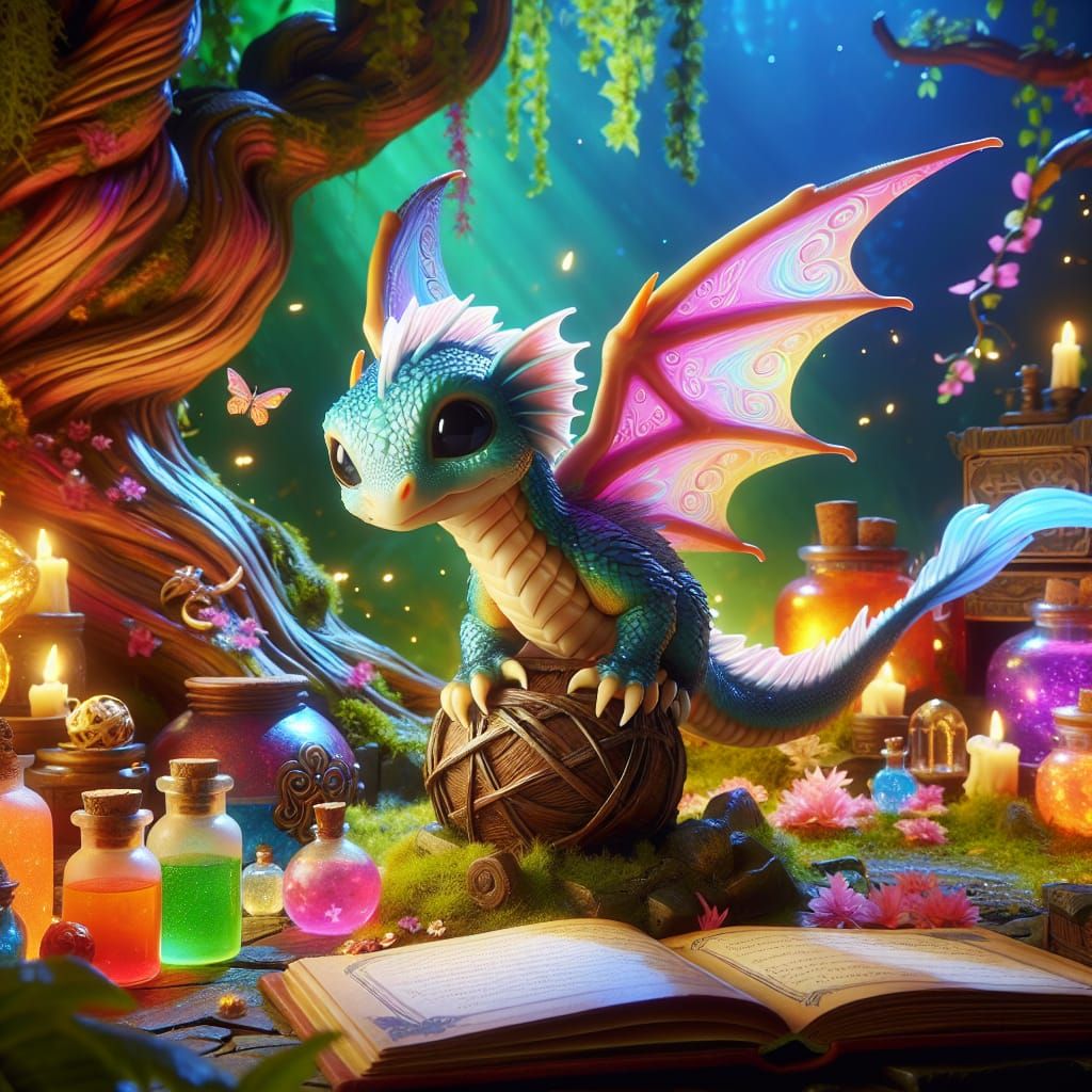 Playful Pseudodragon in Mystical Forest Scene