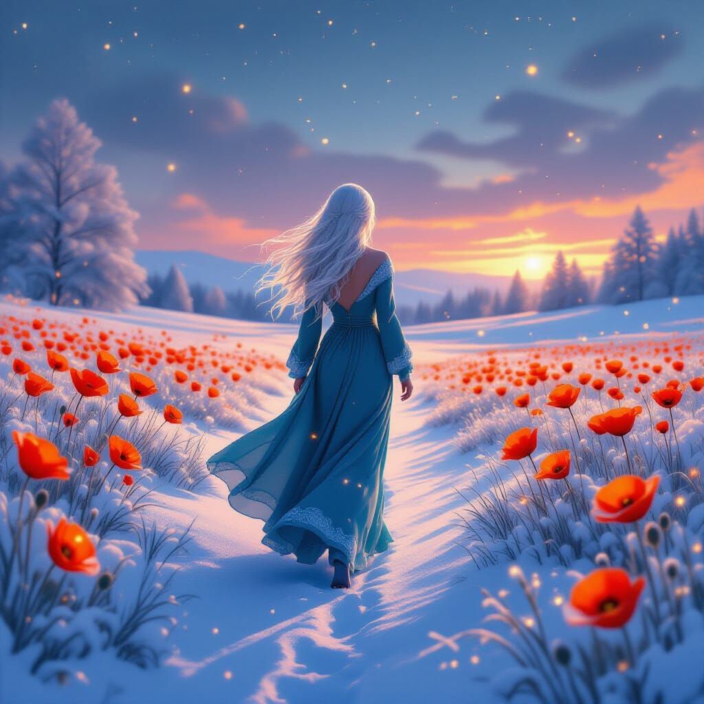 Enchanted Winter Meadow with Woman in Teal Dress