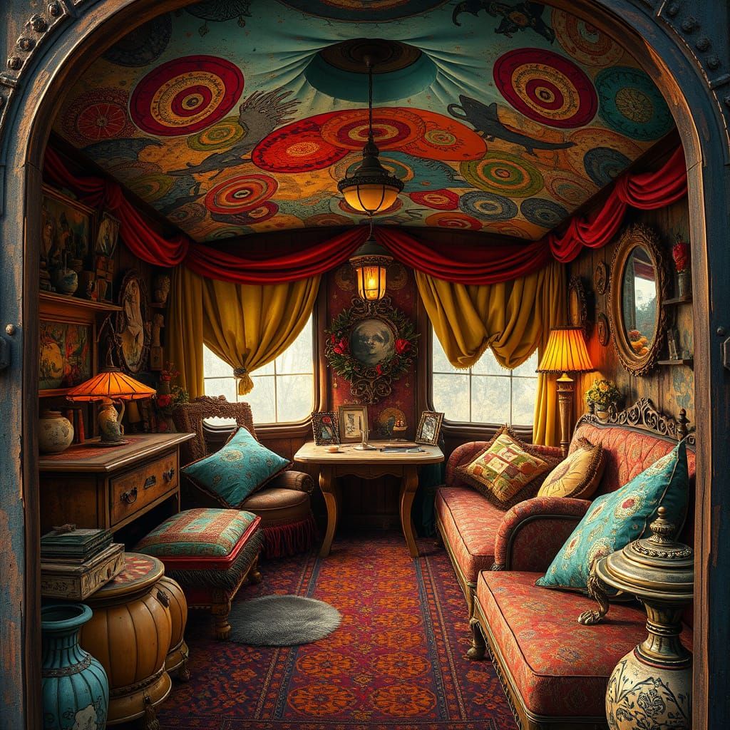 Whimsical Gypsy Wagon Interior in Vibrant, Dreamlike Style