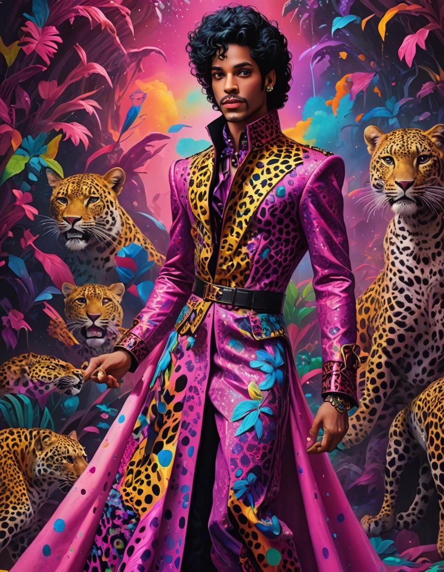 Surreal Prince in Leopard Print Dress, Digital Art