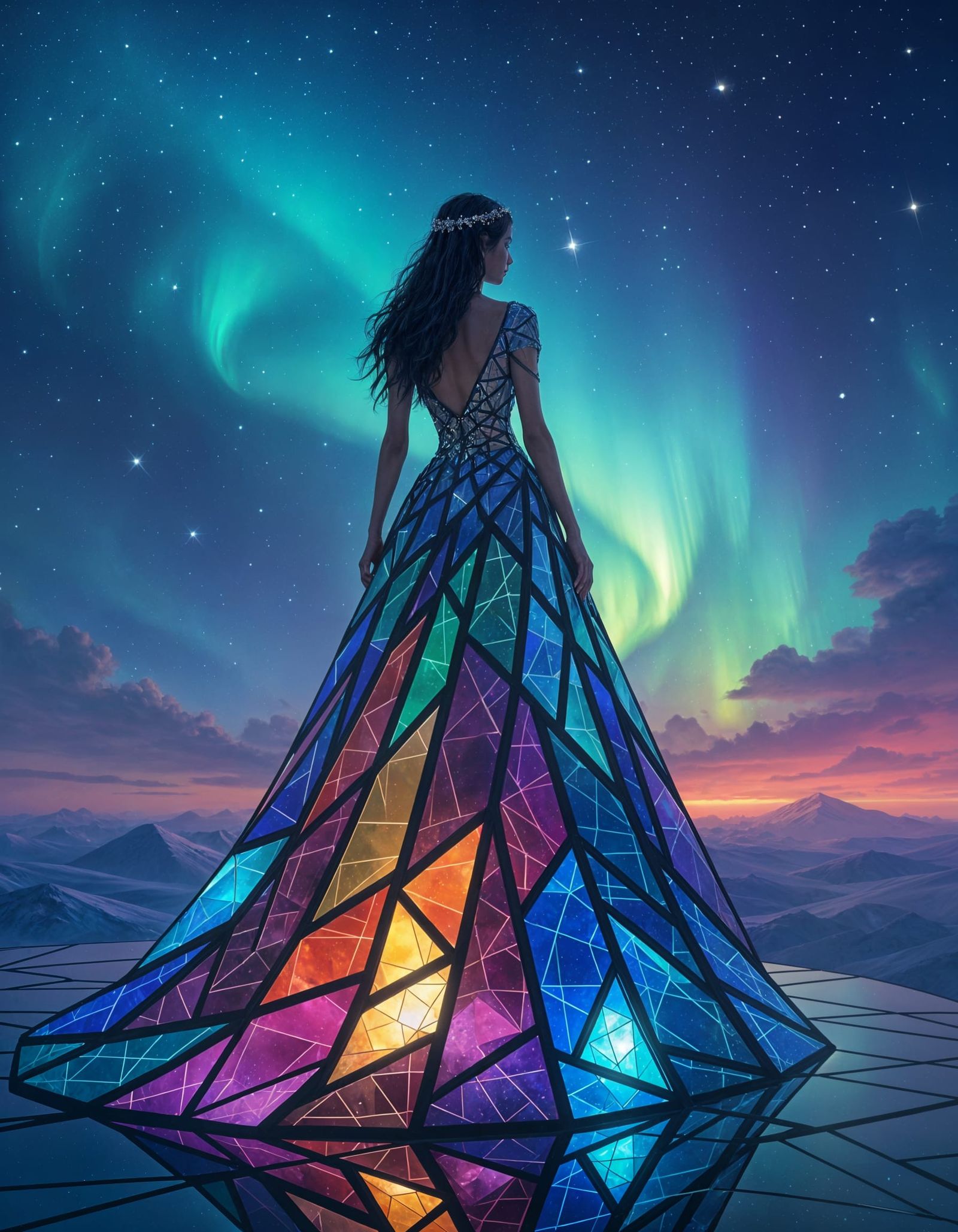 Regal Figure in Shattered Stained Glass Gown