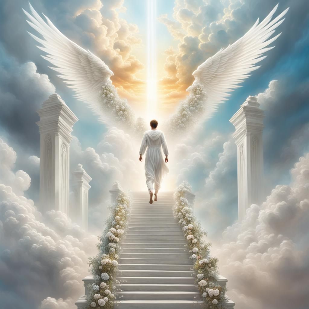 Ethereal Painting of a Young Man Ascending to Heaven
