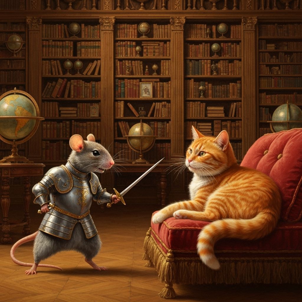 Brave Mouse Confronts Tomcat in Baroque Library