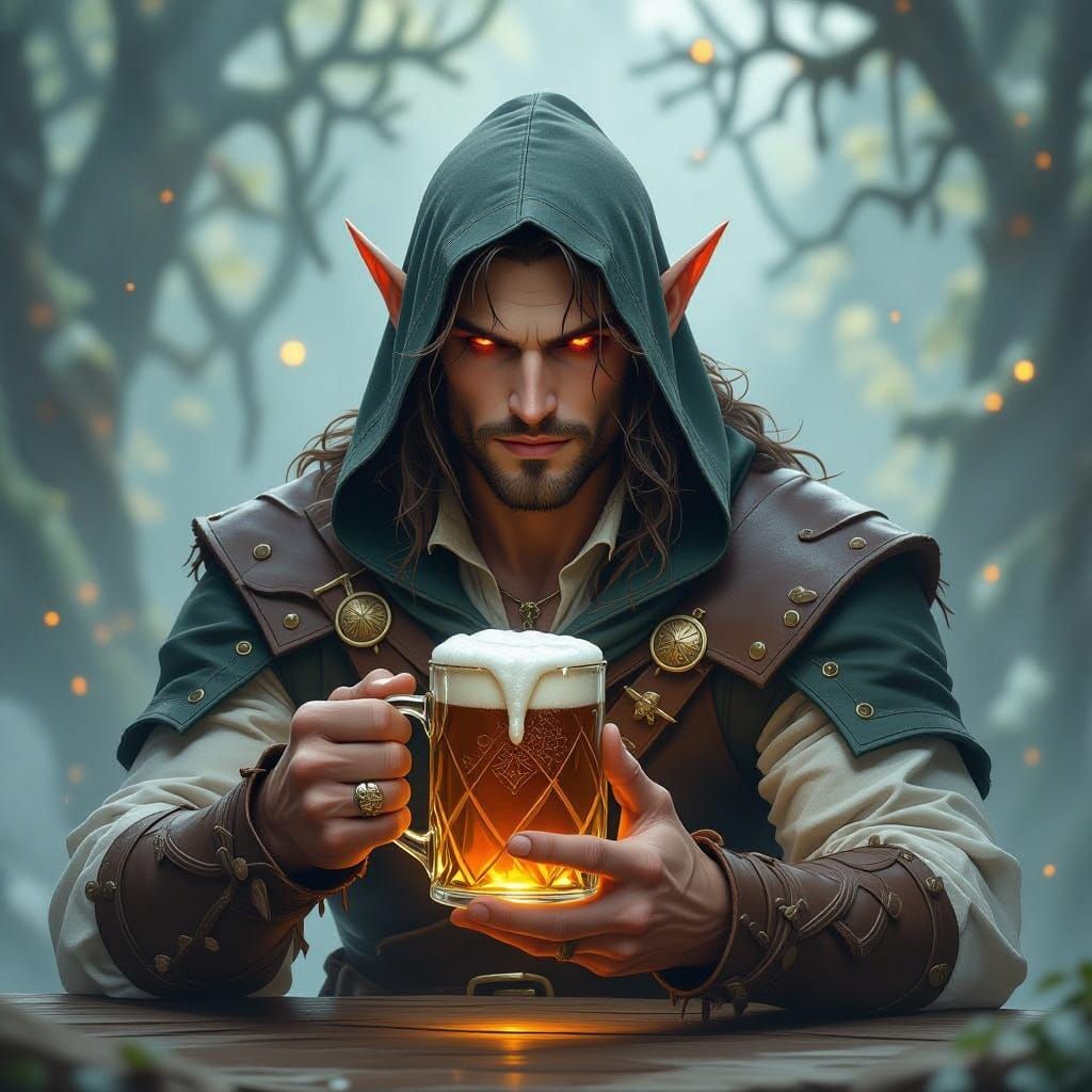Ethereal Elf Bard Radiates Intensity in Warm, Inviting Scene
