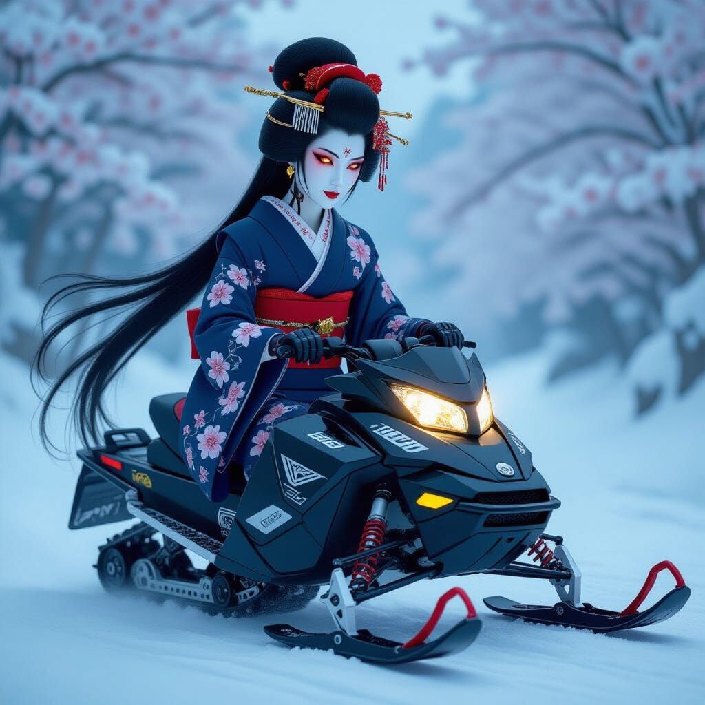 Cyborg Geisha Rides Snowmobile in Snowy Mountain Landscape