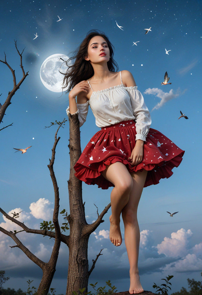 Woman in Moonlit Forest with Celestial Landscape and Vibrant...