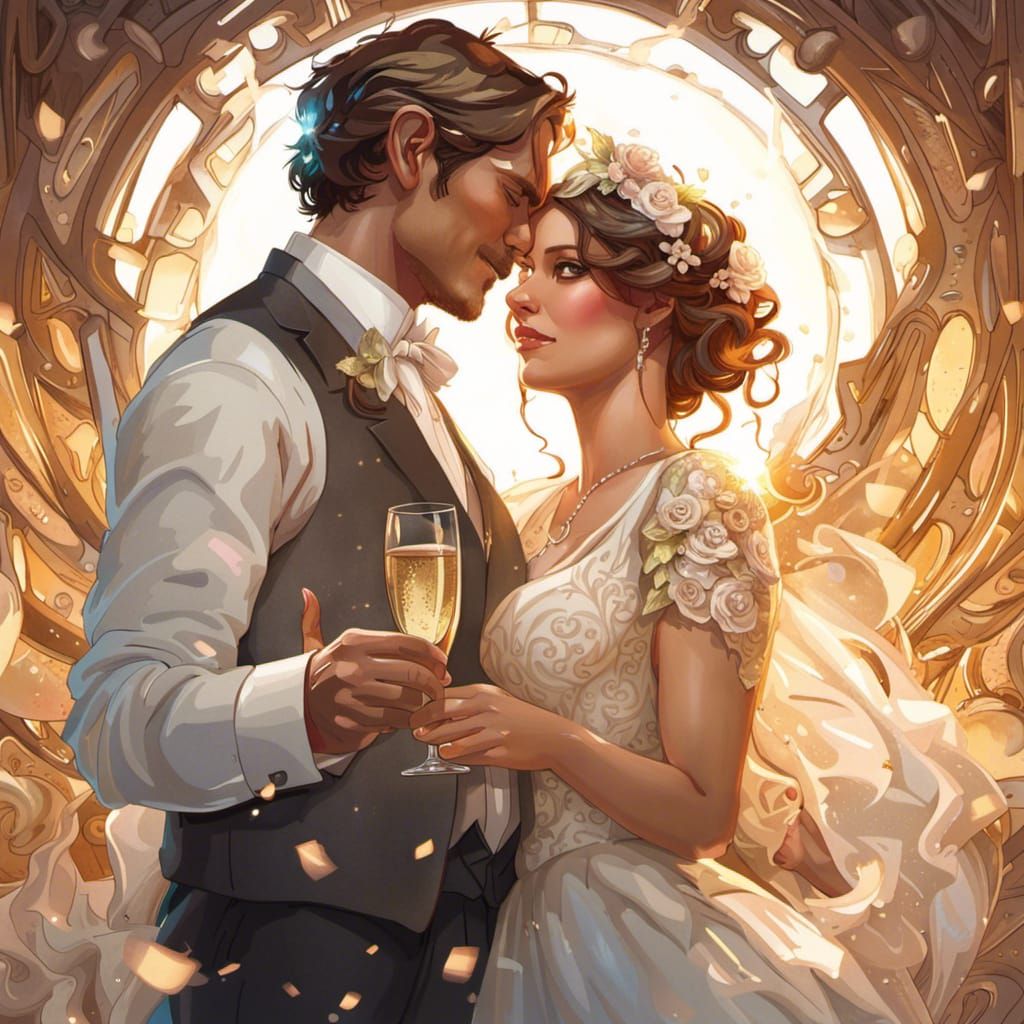 Newlyweds Toasting Champagne: Hyperdetailed Art Portrait