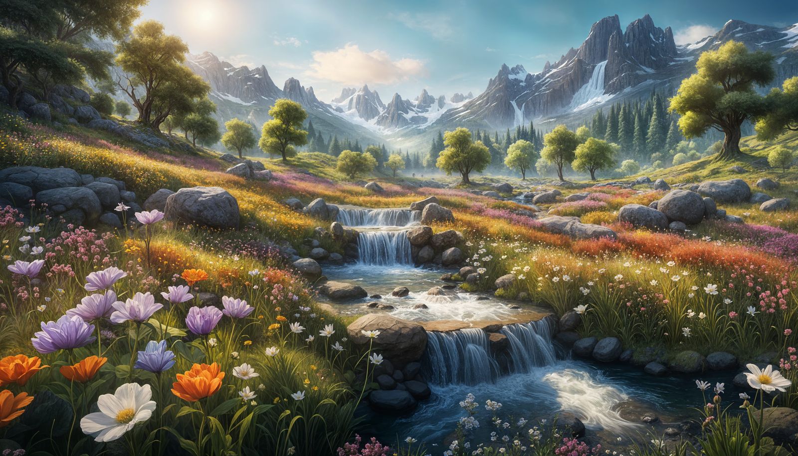 Colorful Alpine Meadow with Waterfall, Digital Painting