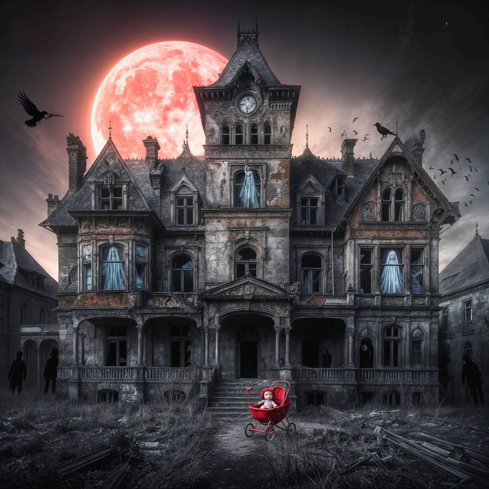 A hauntingly beautiful but desolate Victorian mansion stands isolated on a big lot on a desolate street. It is under a g...