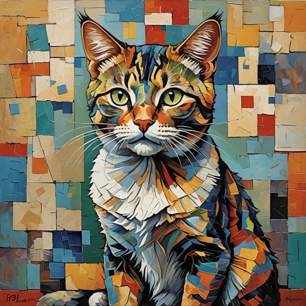 Cubist Cat in Vibrant Colors, Oil Painting