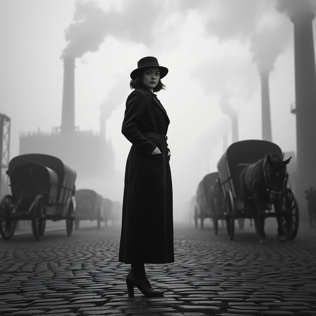 Vintage-Inspired Woman in Foggy Industrial Landscape