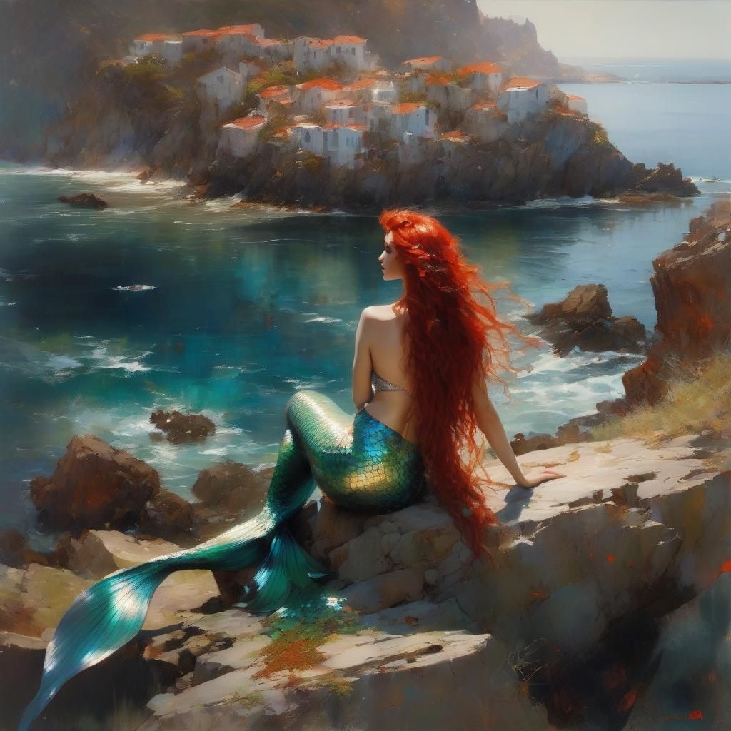 Mermaid on Rocks in Greek Village: Matte Painting