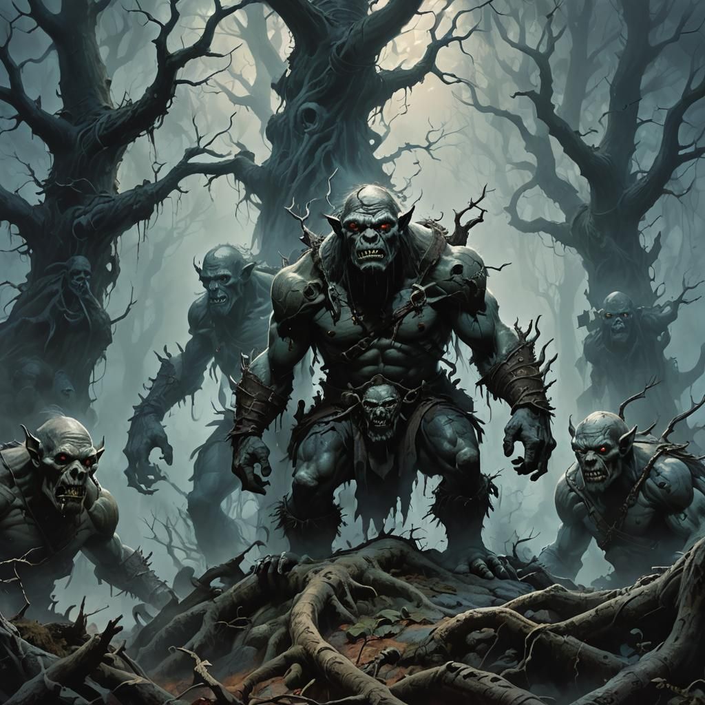 Undead Orcs in Dark Forest: Digital Fantasy Art