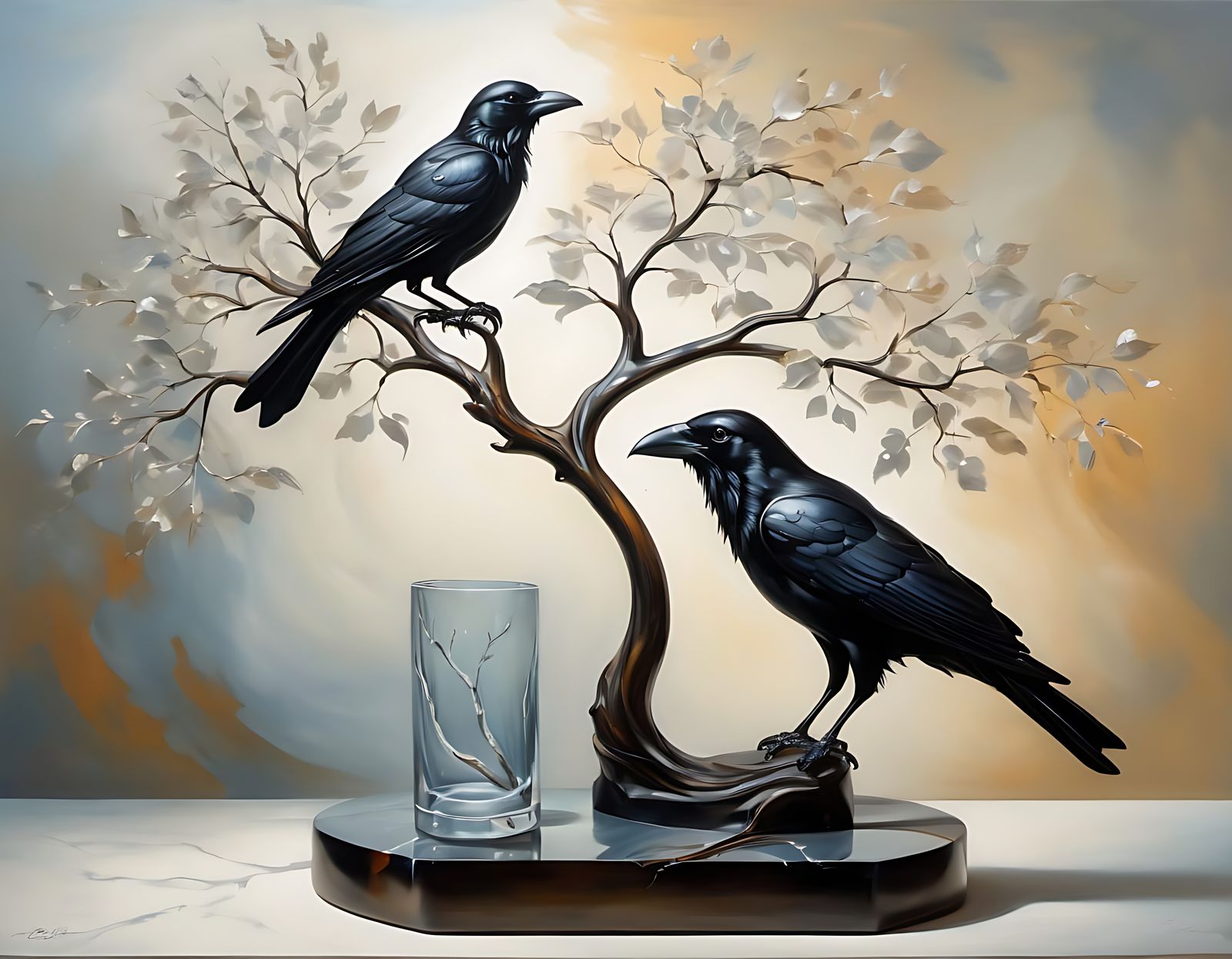 A glass tree and a marble raven