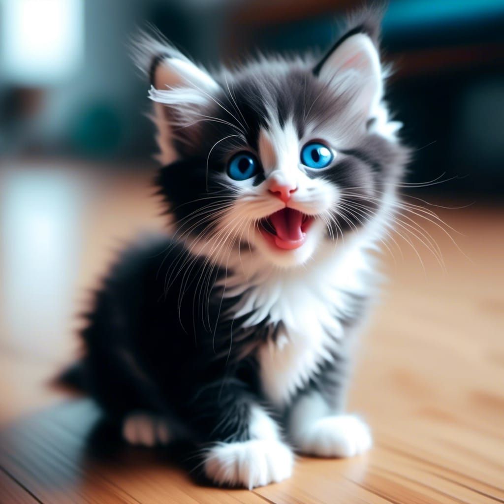 Cute Fluffy Blue-Eyed Kitten Smiling