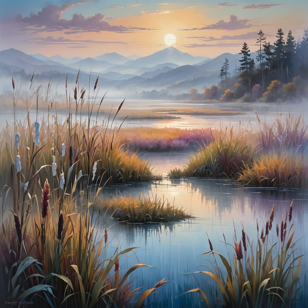 Mist-Shrouded Marsh Landscape with Ethereal Light