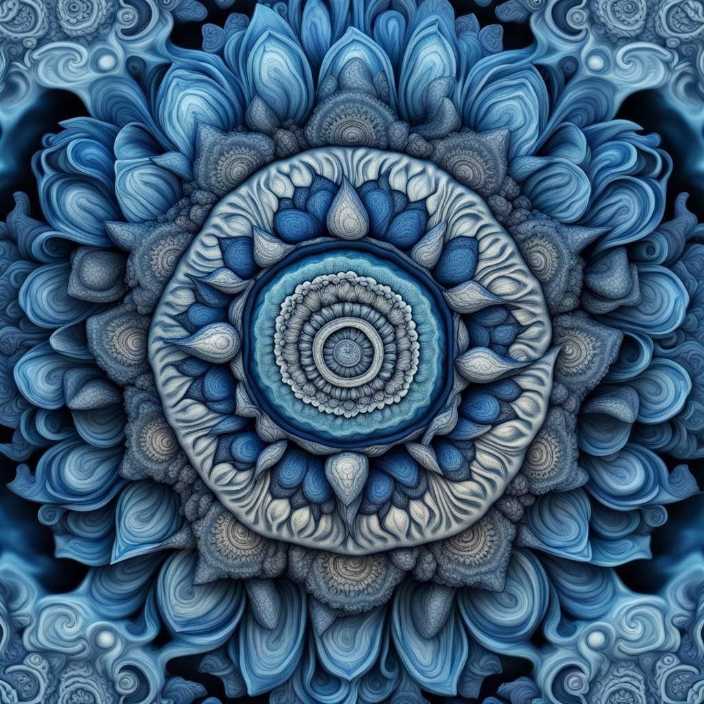 Blue Ocean Waves Mandala in Hyperrealistic Style