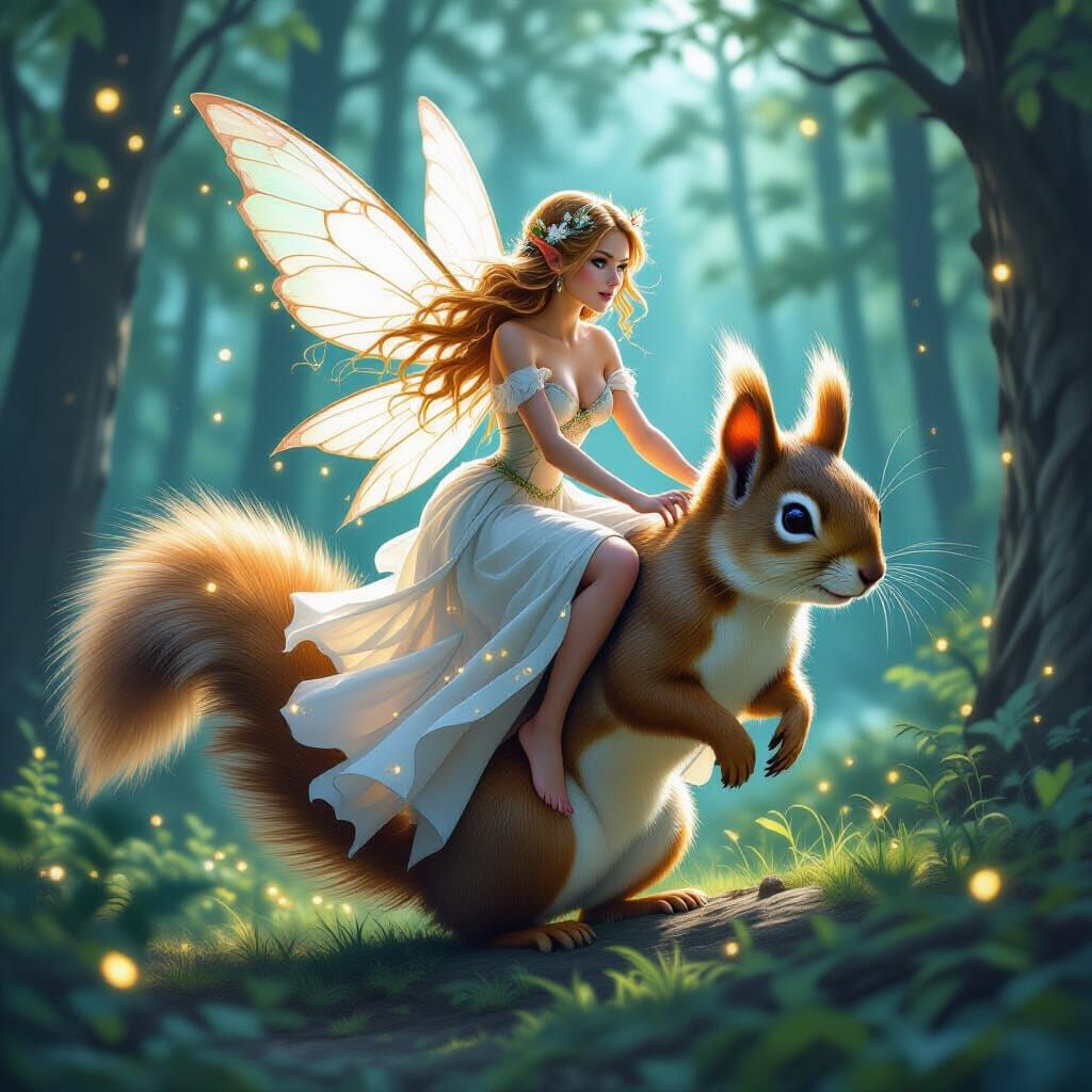 Fairy Riding Squirrel in Mystical Forest, Hyper-Realistic Co...