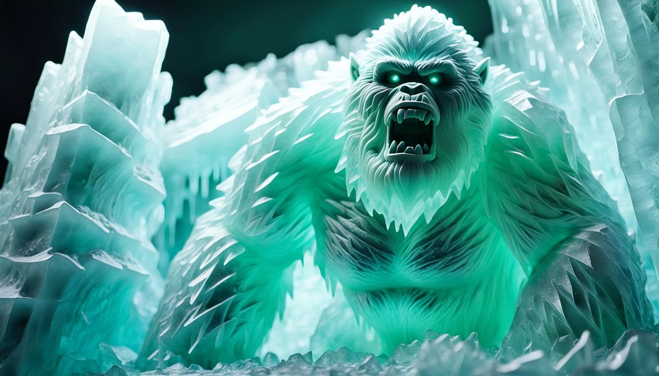 Glacial Yeti Ice Sculpture with Bioluminescent Glow