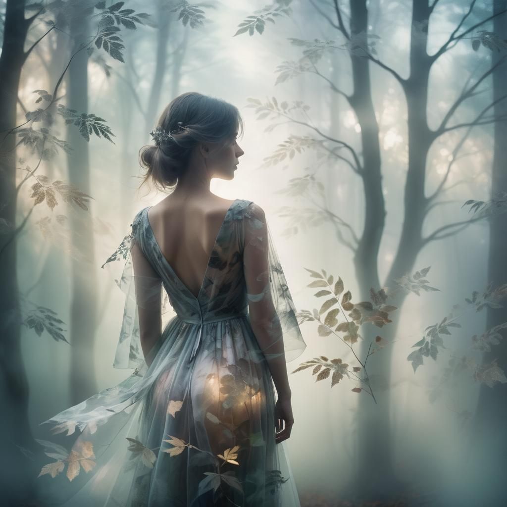 Ethereal Double Exposure: Woman in Misty Forest