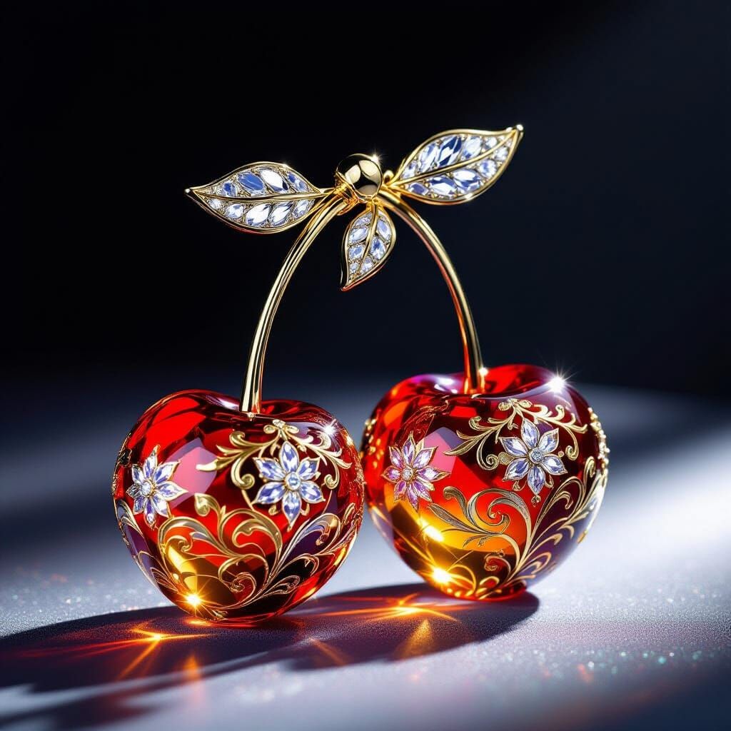 Crystal Cherries with Gold and Silver Surrealist Designs