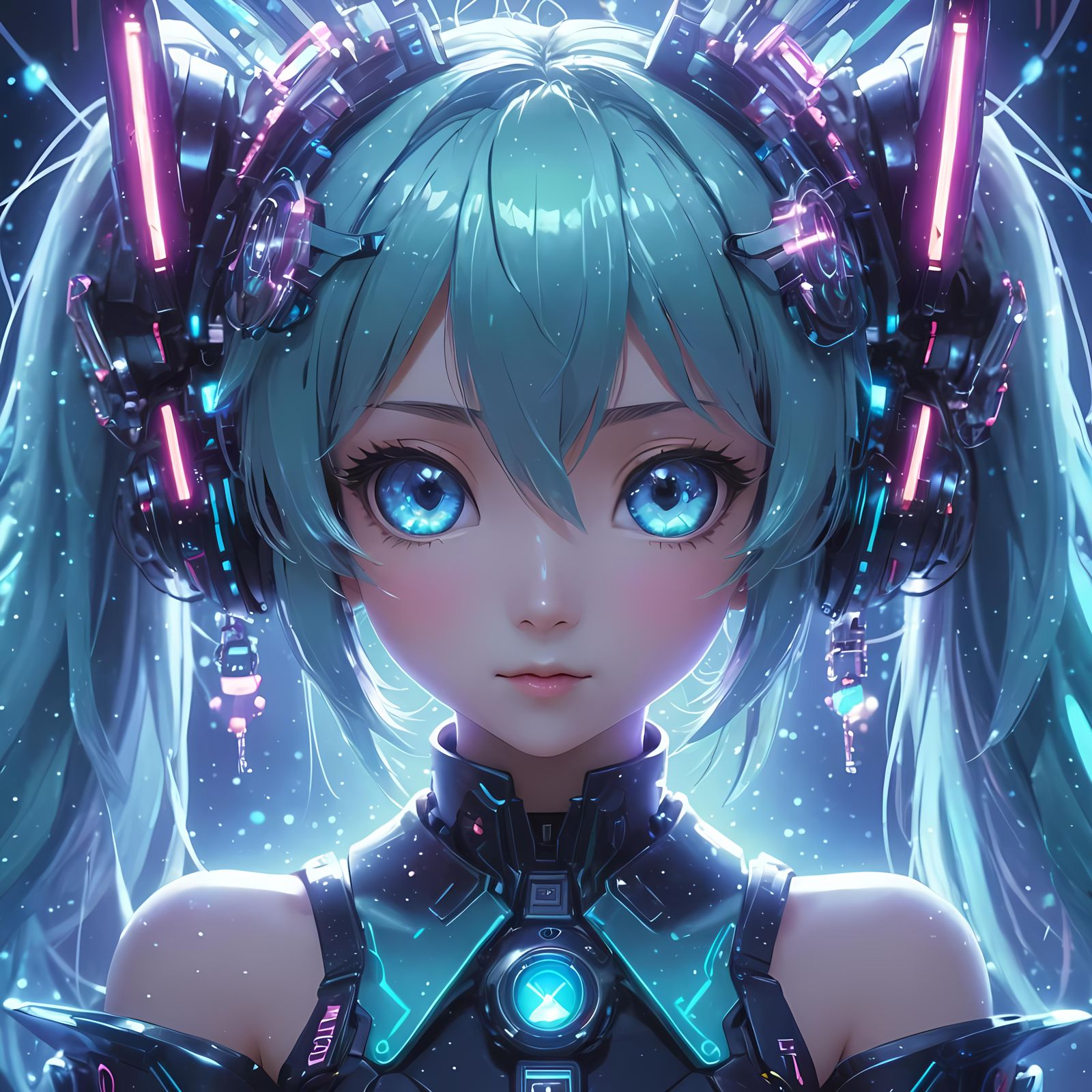 Cyberpunk Hatsune Miku Portrait with Neon Lights