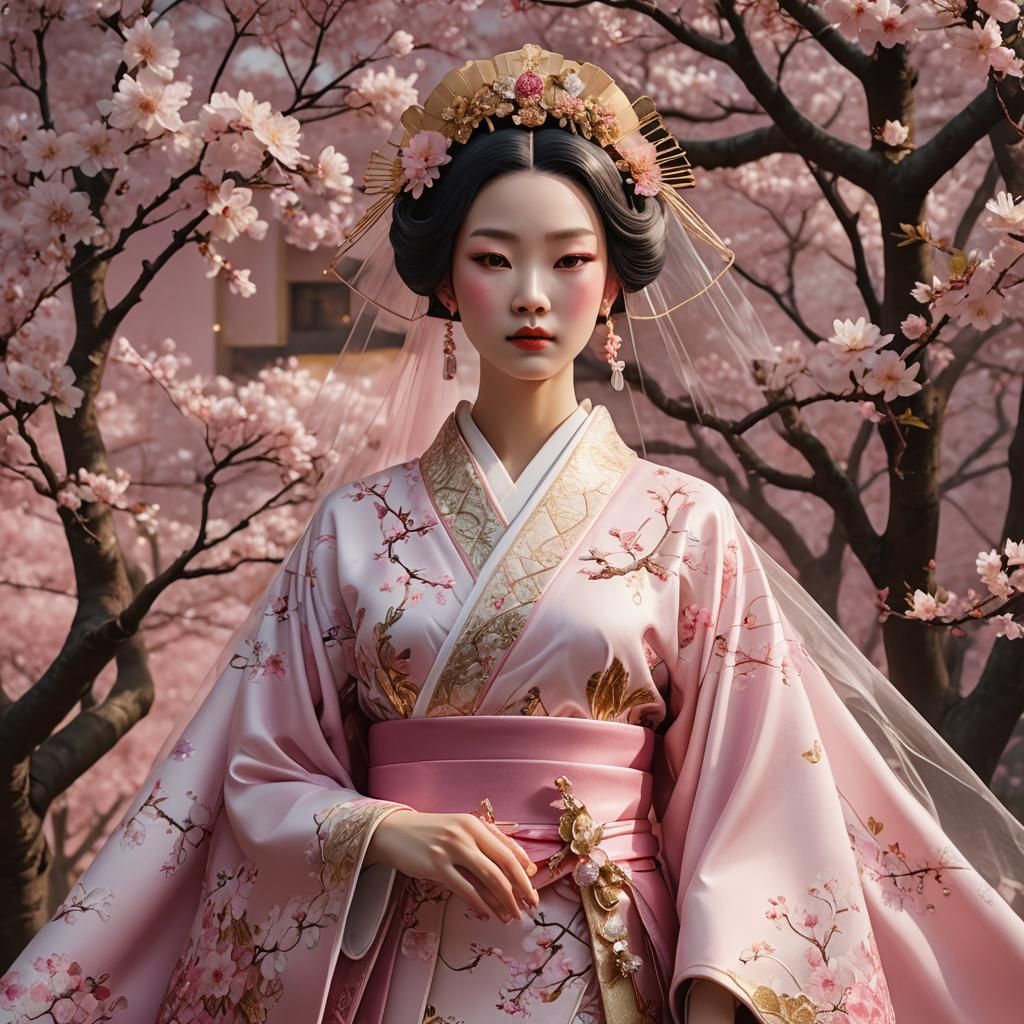 Kimono Queen's Dress with Cherry Blossom Veil
