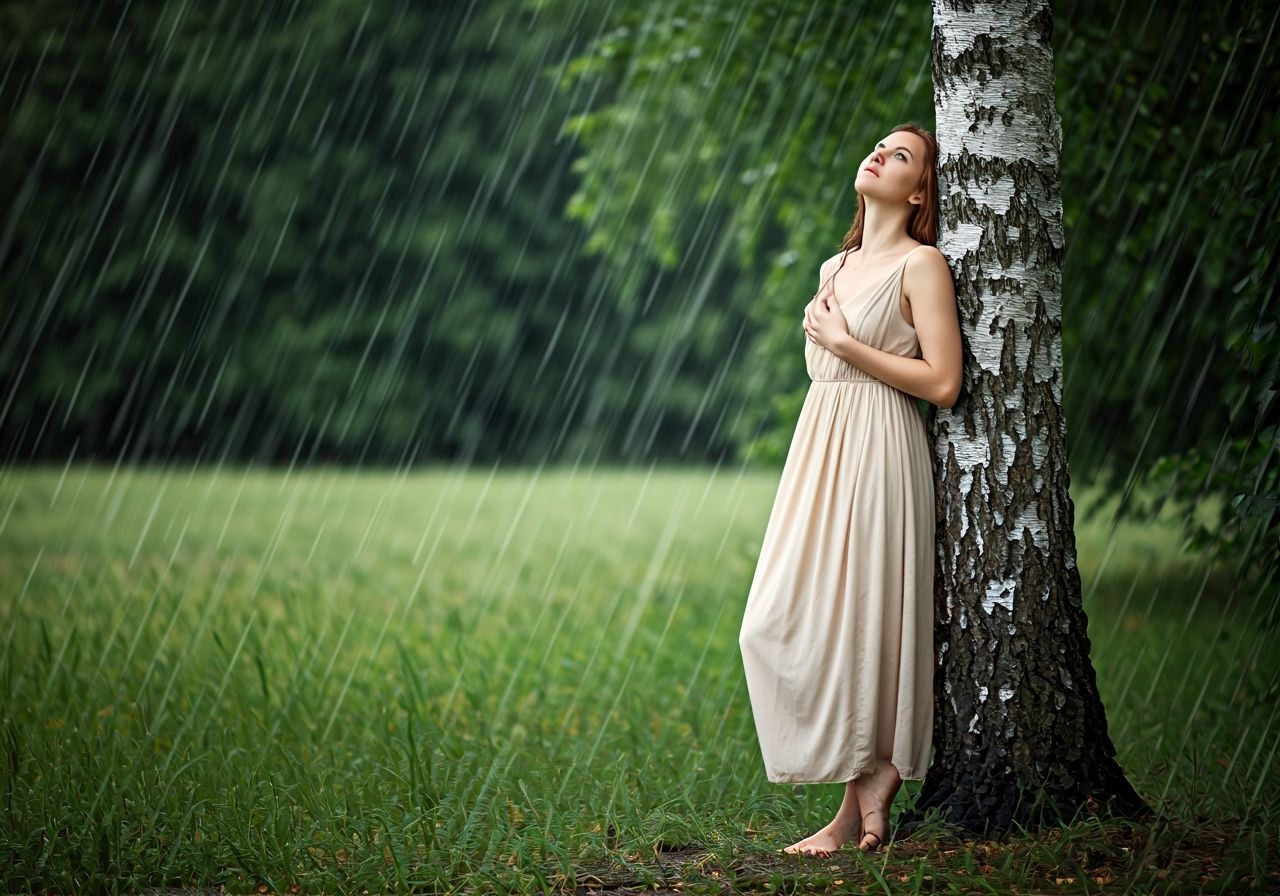 Contemplative Woman in Rain, Impressionistic Style