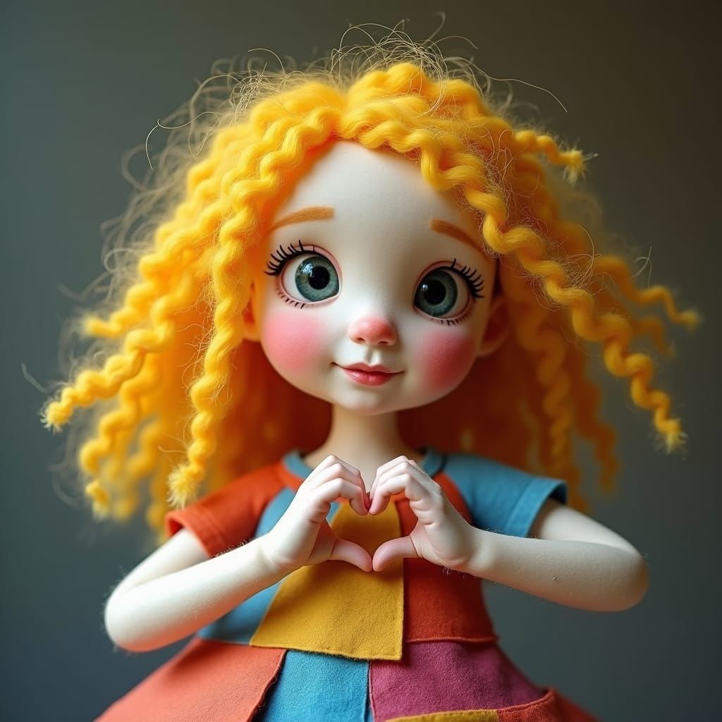 Hyperdetailed Felt Doll with Patchwork Dress
