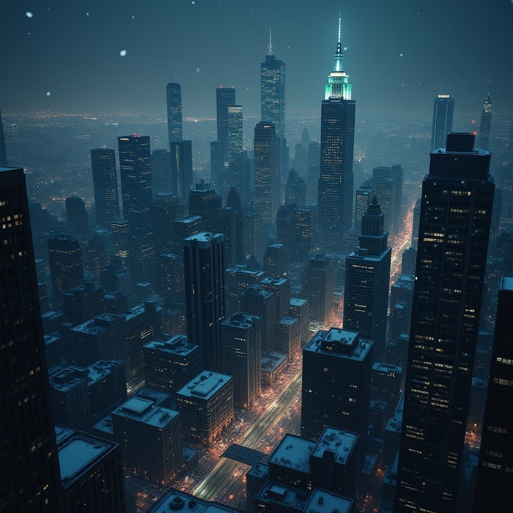 Snowy Metropolis at Night: High Vantage Point