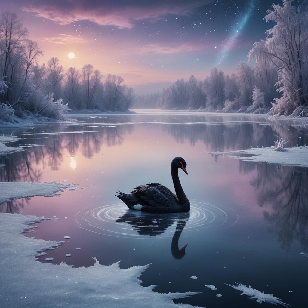 Black Swan on Frozen Lake with Aurora Borealis