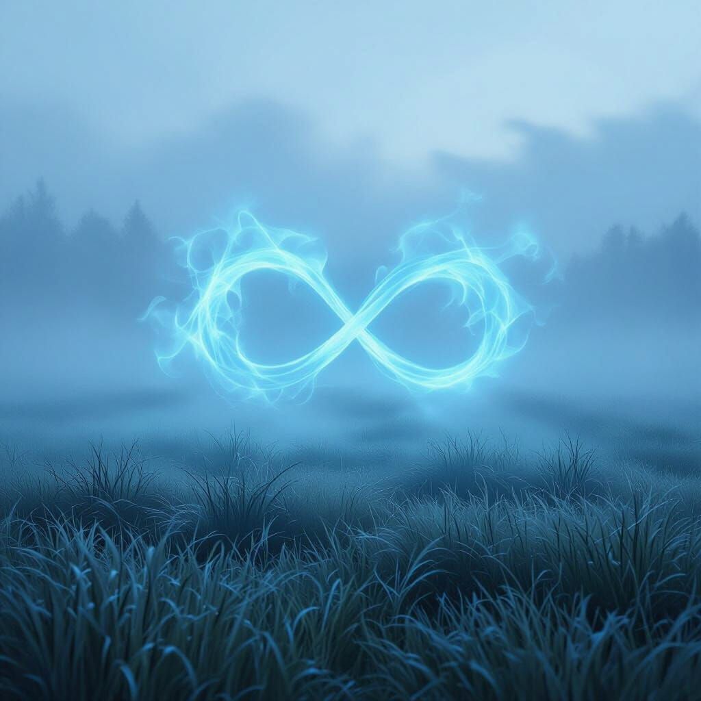 Ethereal Blue Mist Forms Infinity Symbol in Foggy Grassland