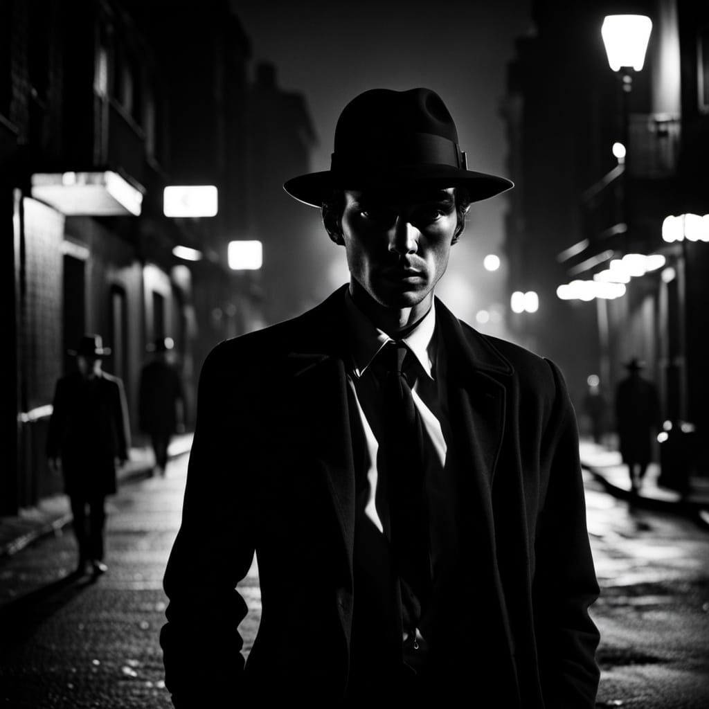 Suspicious Figure in High Contrast Noir Cityscape