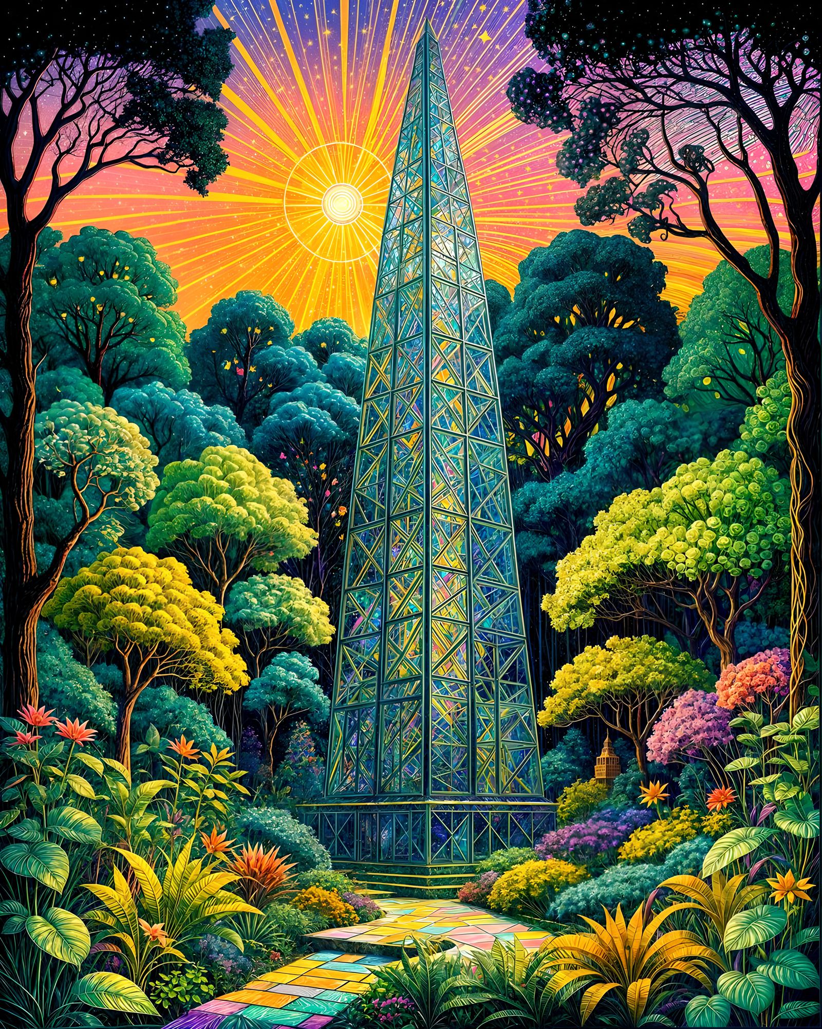 Surreal Glass House Dreamscape with Light Tendrils