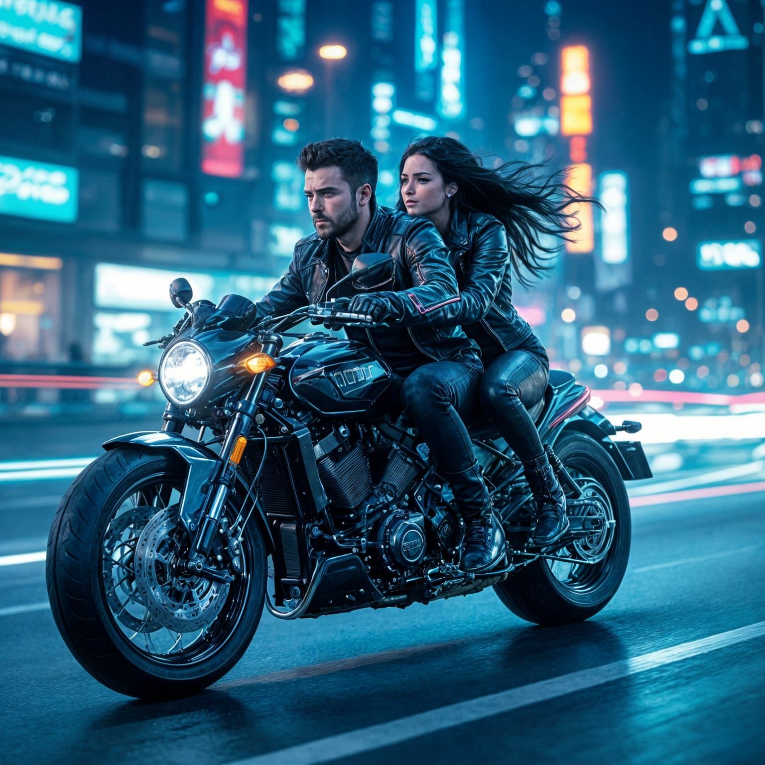 Motorcycle Ride at Night in Hyperrealistic Style