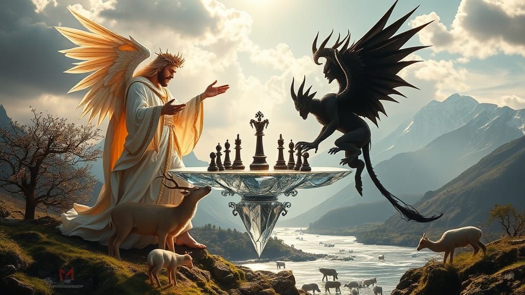 Divine Chess Match in Elysian Fields, Radiant God vs Shadowy...