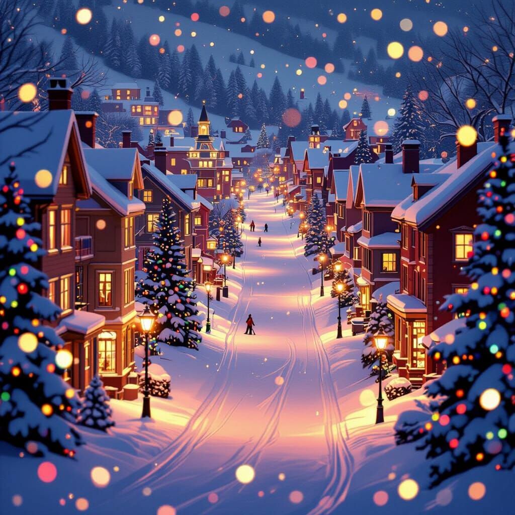 Whimsical Ski Slope in Snowy City with Christmas Lights