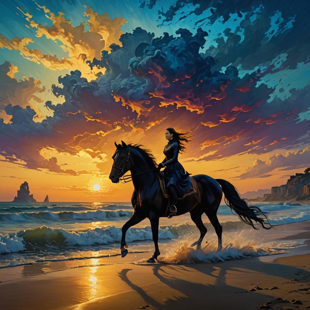 Gothic Rider on Beach at Sunset as Expressionist Painting