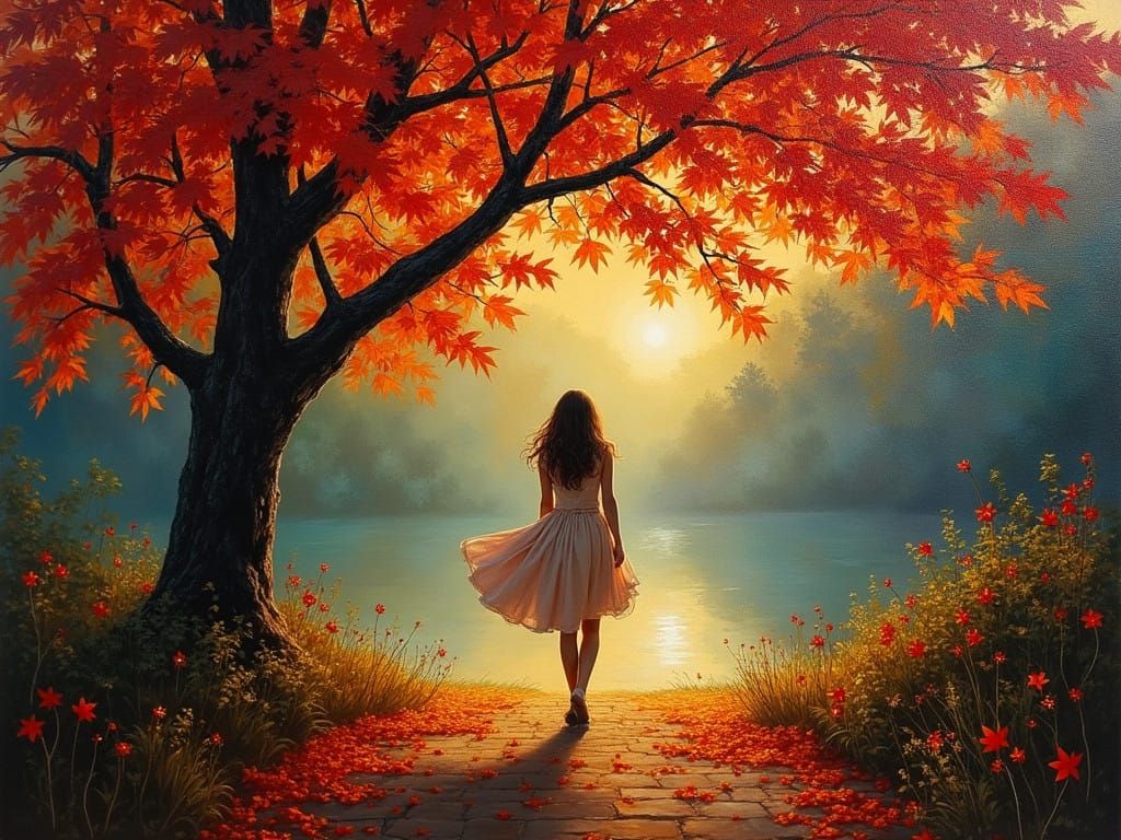 Golden Lady Under the Red Maple Tree