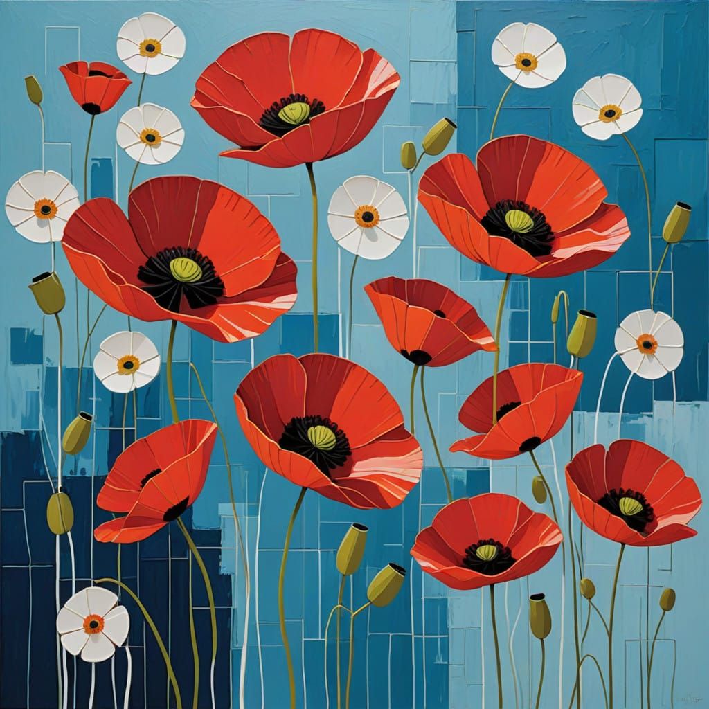 Bold Red and White Poppies in a Serene Blue Background